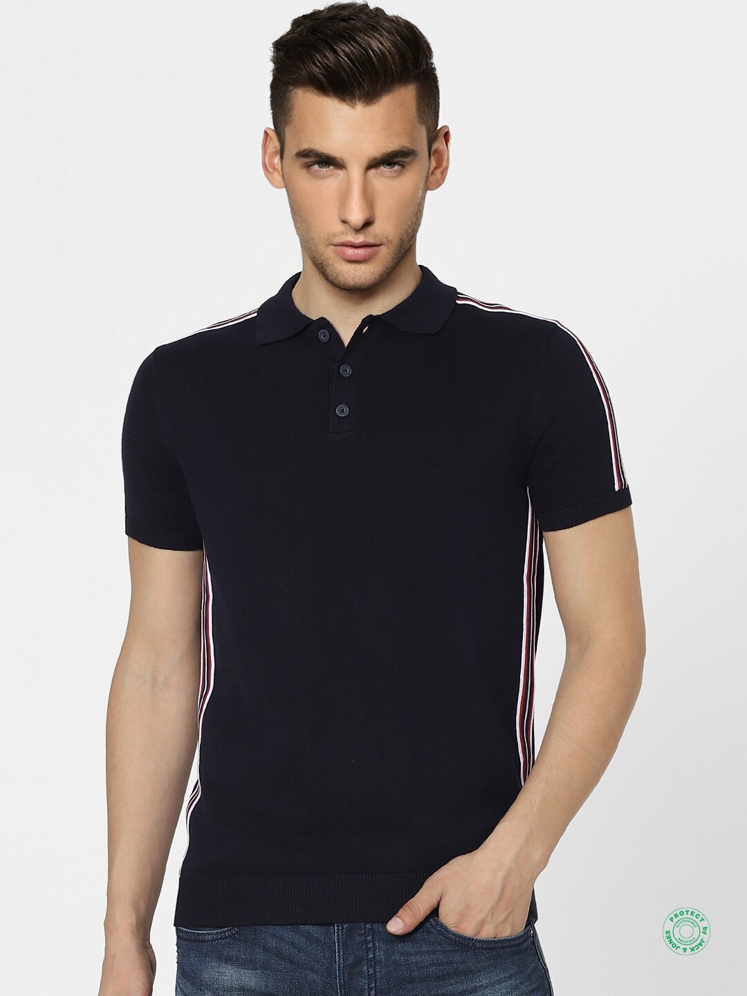 

Jack & Jones Men Navy Blue Polo Collar Applique Slim Fit T-shirt