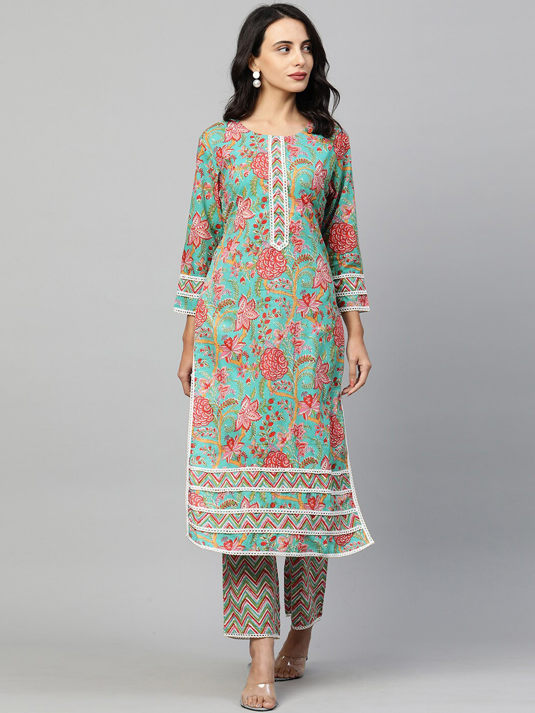 

FASHOR Women Turquoise Blue Floral Regular Gotta Patti Pure Cotton Kurta with Trousers