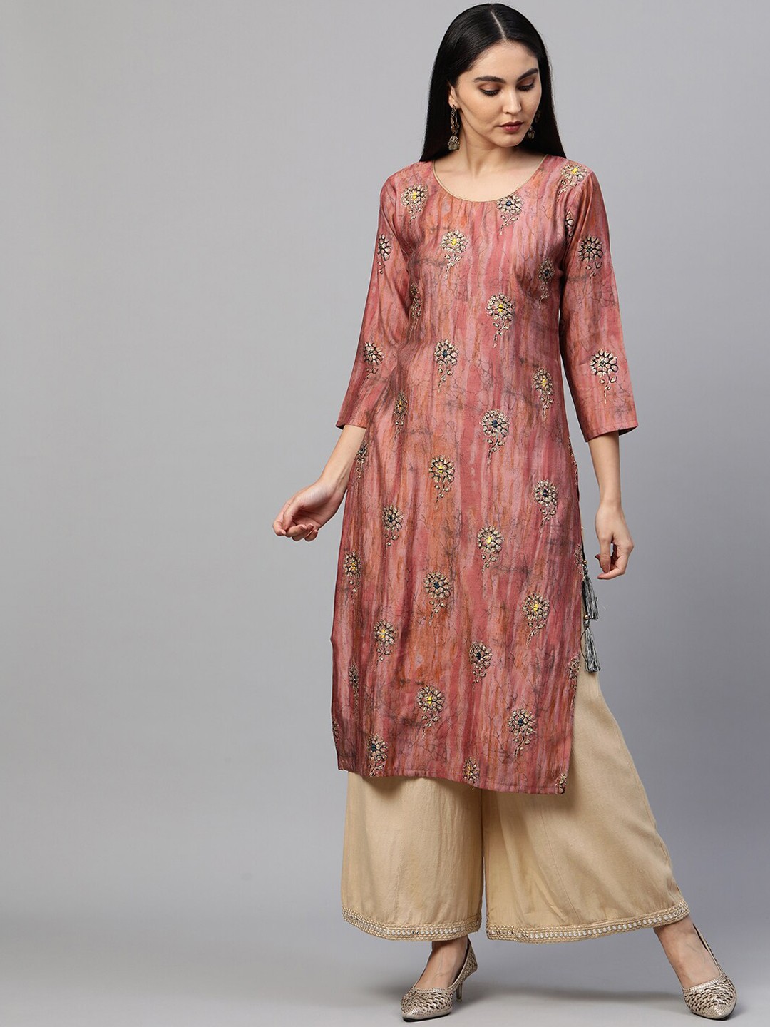 

FASHOR Women Pink Floral Embroidered Thread Work Kurta