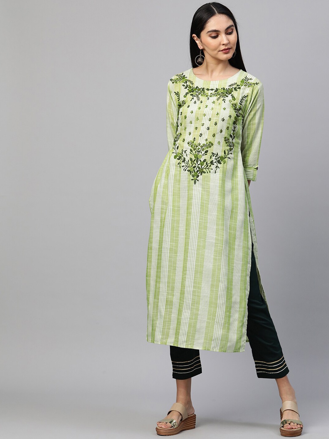 

FASHOR Women Green Embroidered Thread Work Kurta