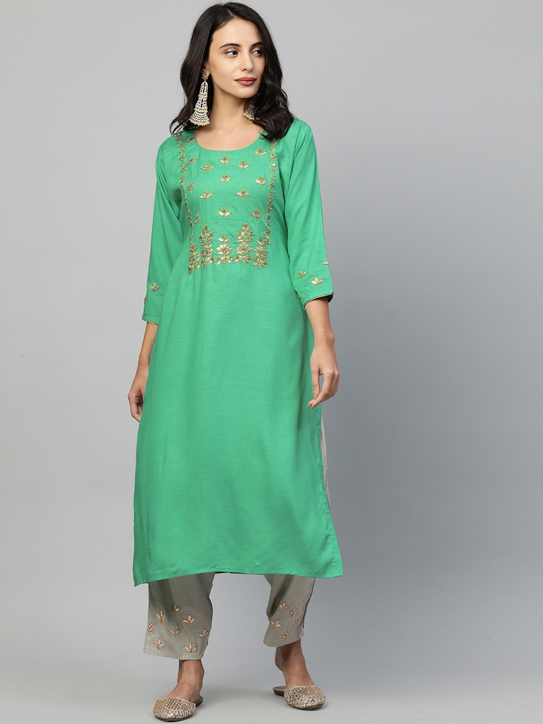 

FASHOR Women Sea Green Floral Embroidered Regular Gotta Patti Kurti with Trousers