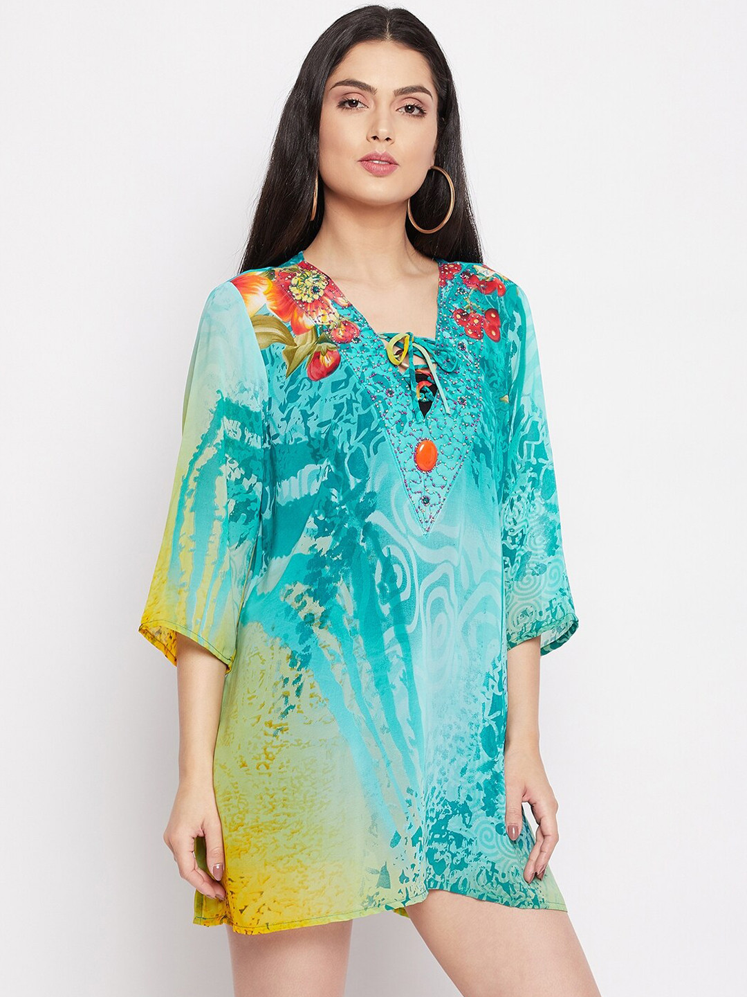 

THE SILHOUETTE STORE Blue & Yellow Floral Tie-Up Neck Georgette A-Line Mini Dress