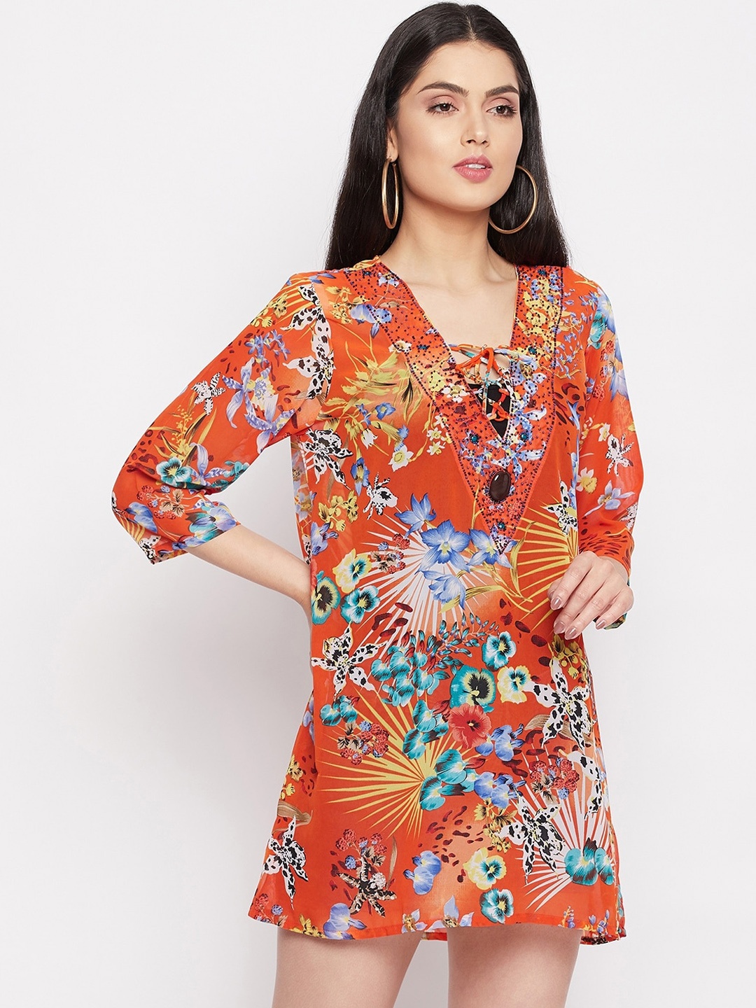 THE SILHOUETTE STORE Orange Floral Georgette A-Line Dress