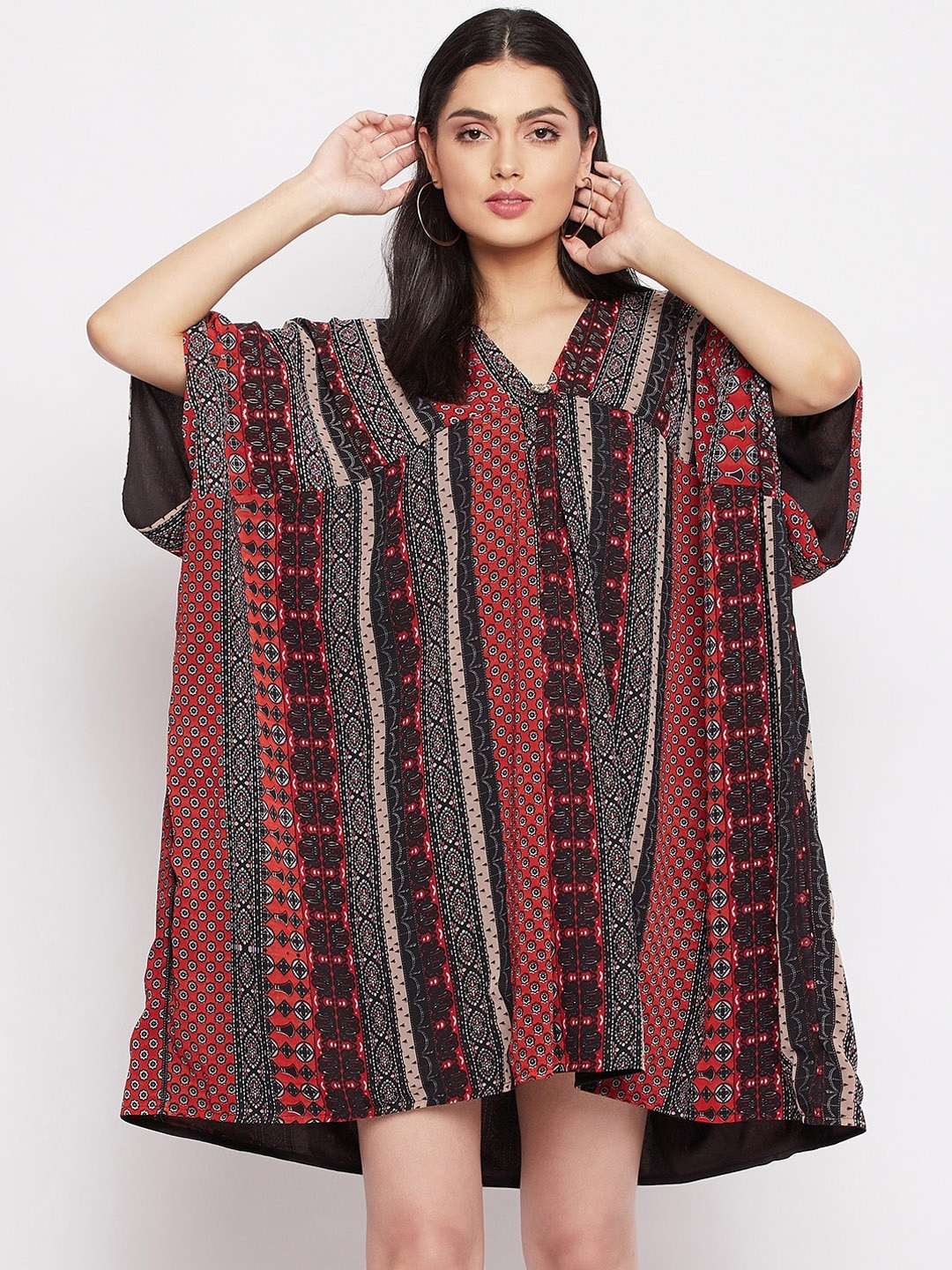 

THE SILHOUETTE STORE Red & Black Ethnic Motifs Georgette Kaftan Dress