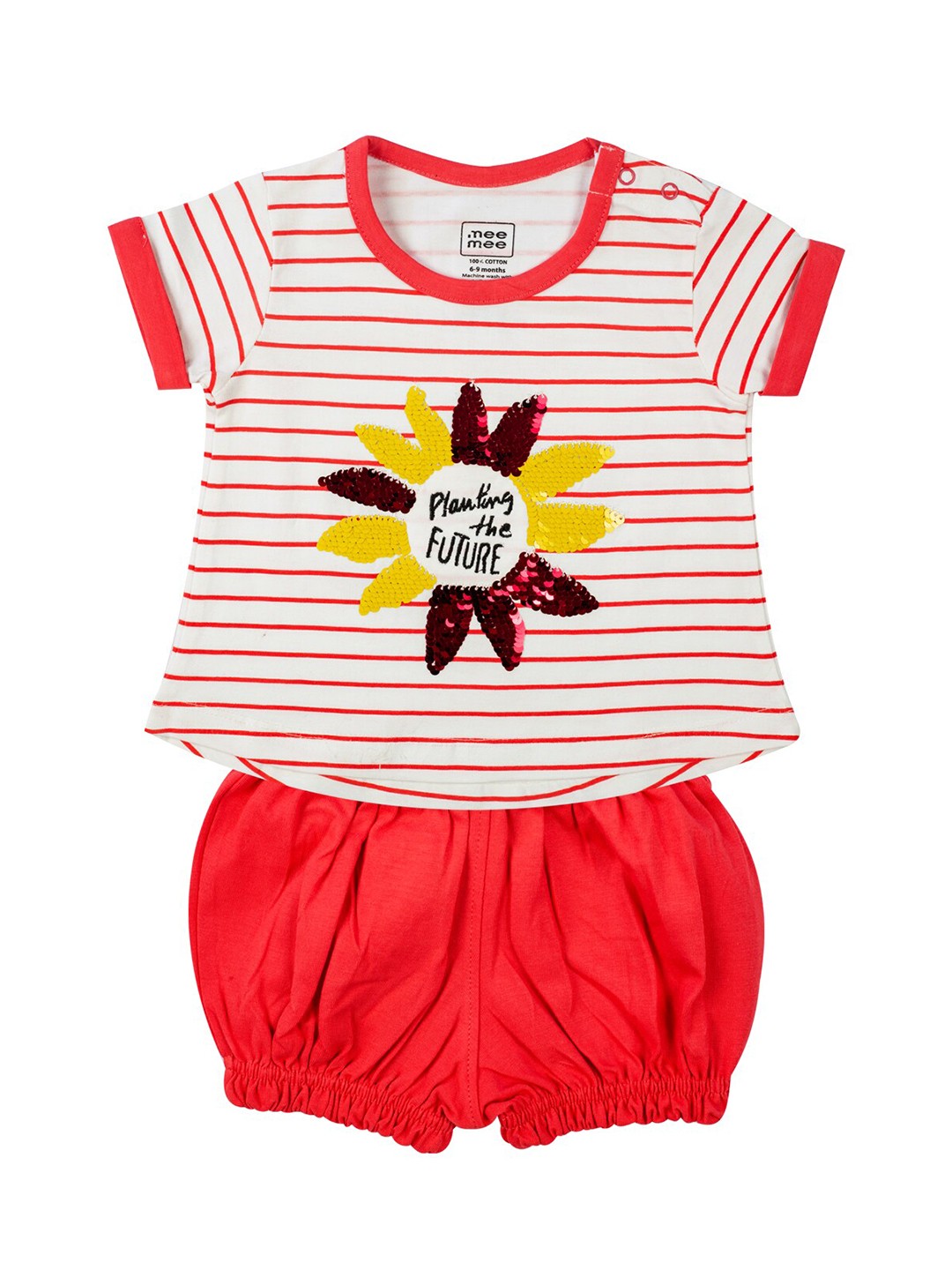 

MeeMee Girls White & Fuchsia Striped Pure Cotton T-shirt with Shorts