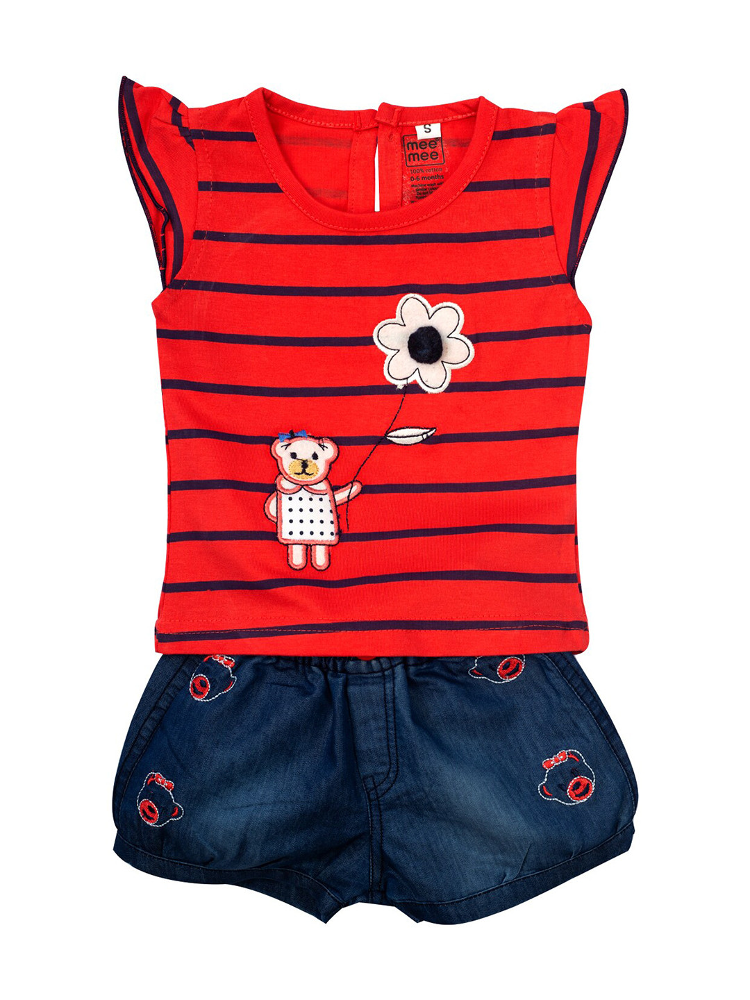 

MeeMee Girls Red & Navy Blue Striped Pure Cotton Top with Shorts