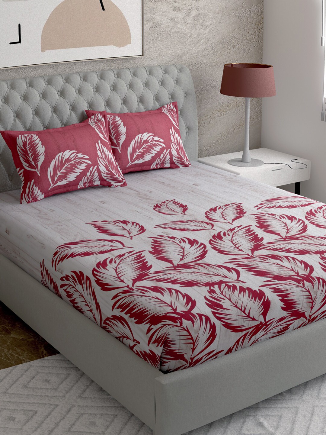 

EverHOME Off White & Red Floral Printed 210 TC Cotton King Bedsheet with 2 Pillow Covers