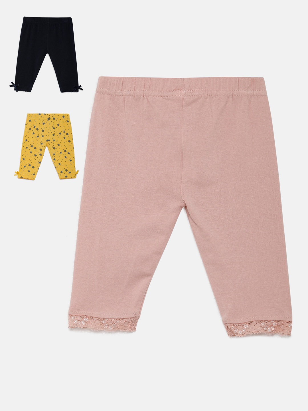 

3PIN Infant Girls Pack Of 3 Pure Cotton Ankle-Length Leggings, Yellow