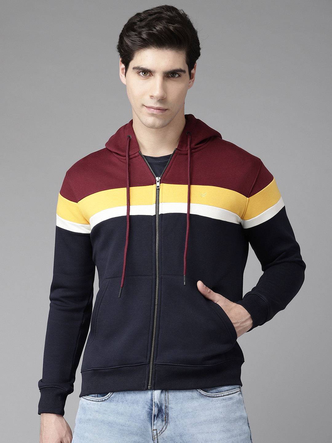 

Blackberrys Men Navy & Maroon Colourblocked Hooded Sweatshirt, Navy blue