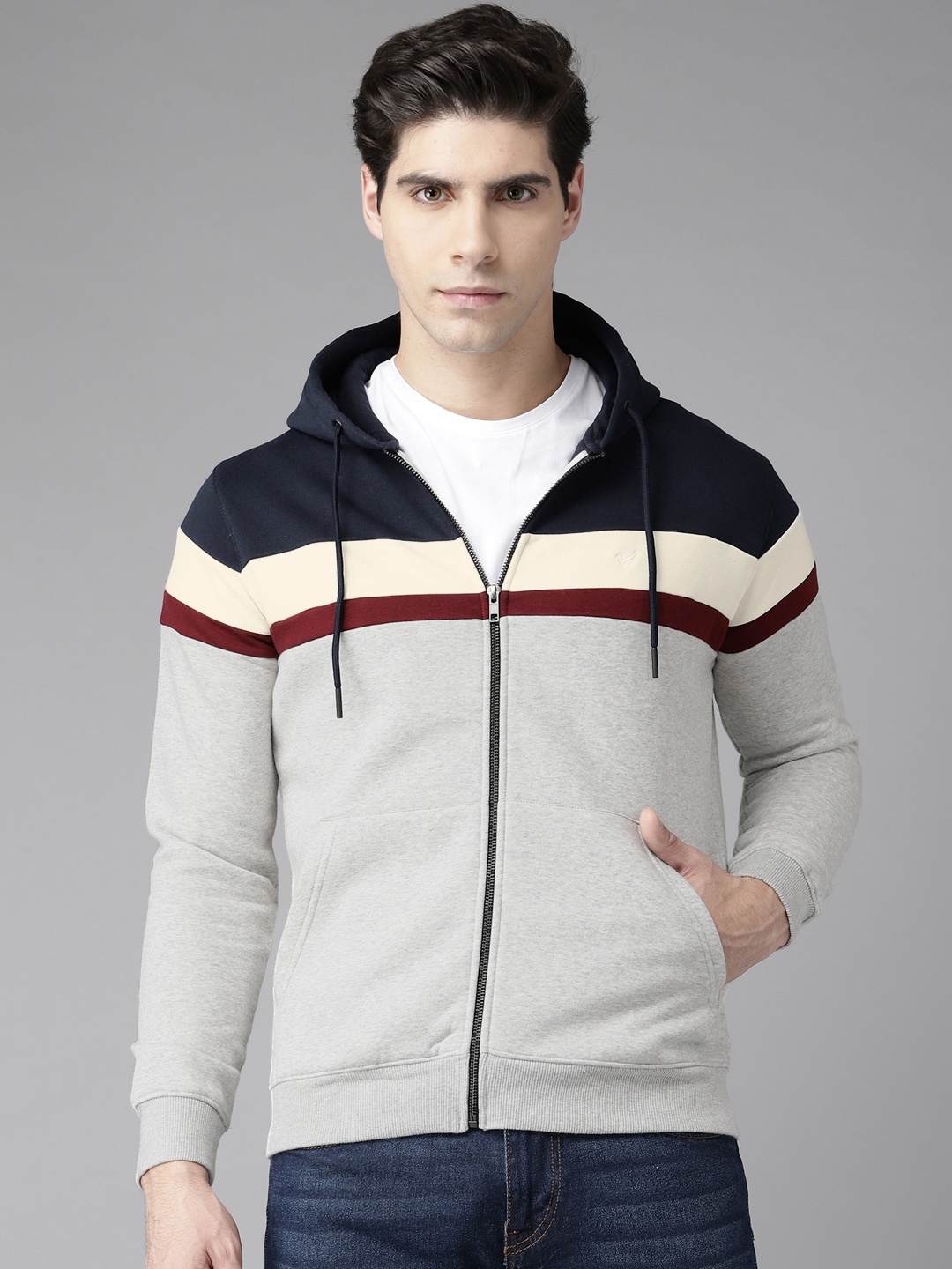 

Blackberrys Men Grey Melange & Navy Blue Colourblocked Hooded Sweatshirt