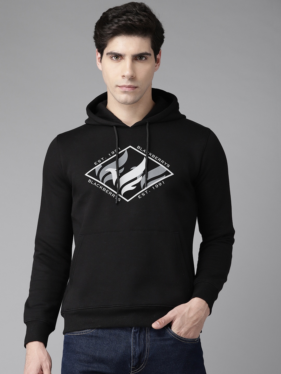 

Blackberrys Men Black & White Printed Hooded Sweatshirt