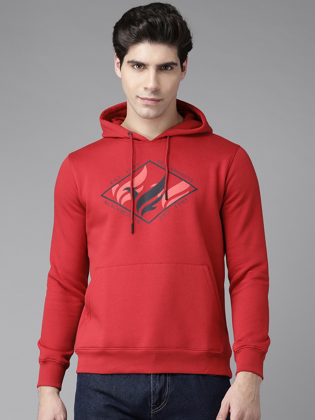 

Blackberrys Men Maroon & Black Printed Hooded Sweatshirt