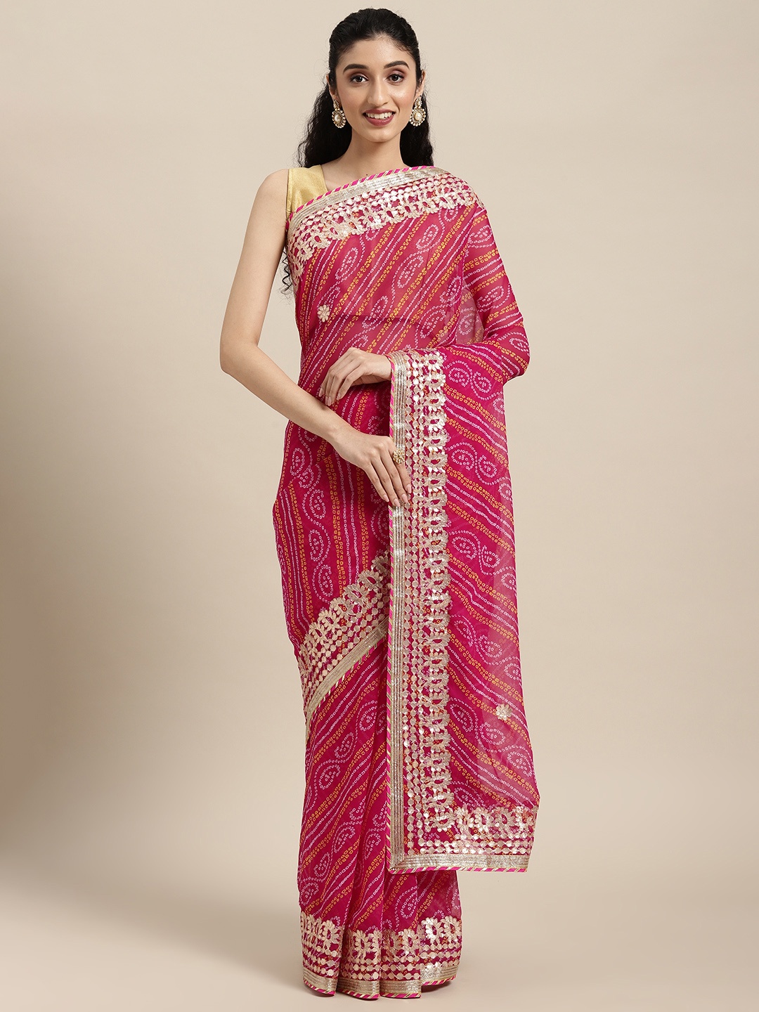 

Geroo Jaipur Pink Bandhani Gotta Patti Bandhani Saree