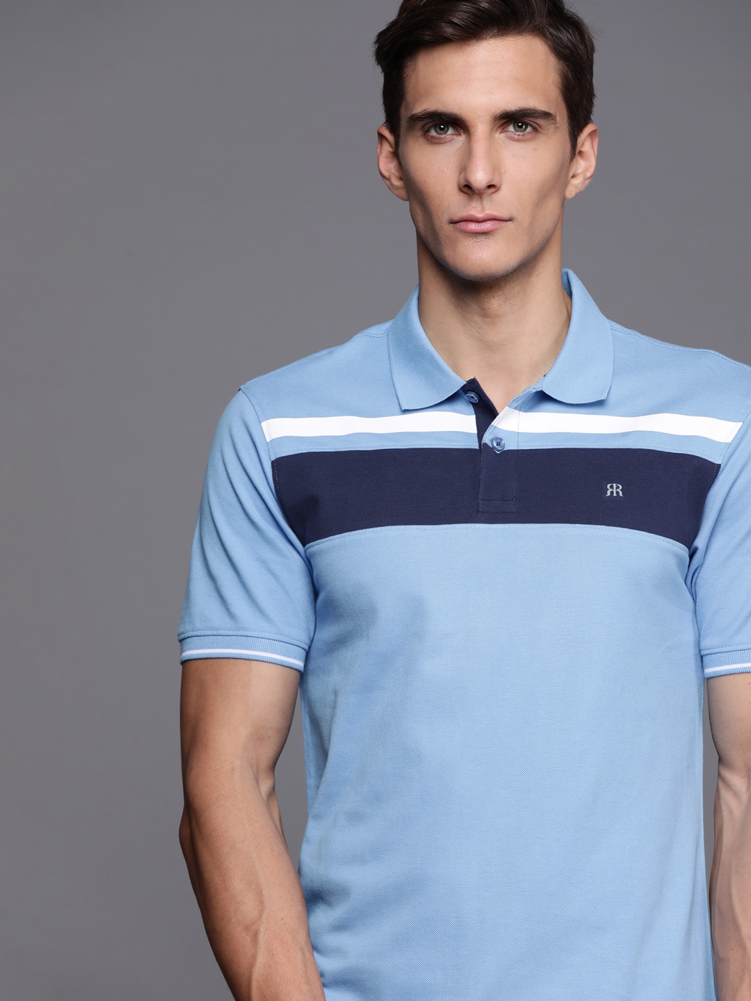 

Raymond Men Blue & White Pure Cotton Striped Polo Collar T-shirt
