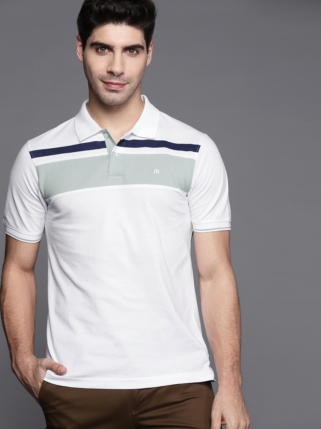 

Raymond Men White & Sea Green Pure Cotton Striped Polo Collar T-shirt