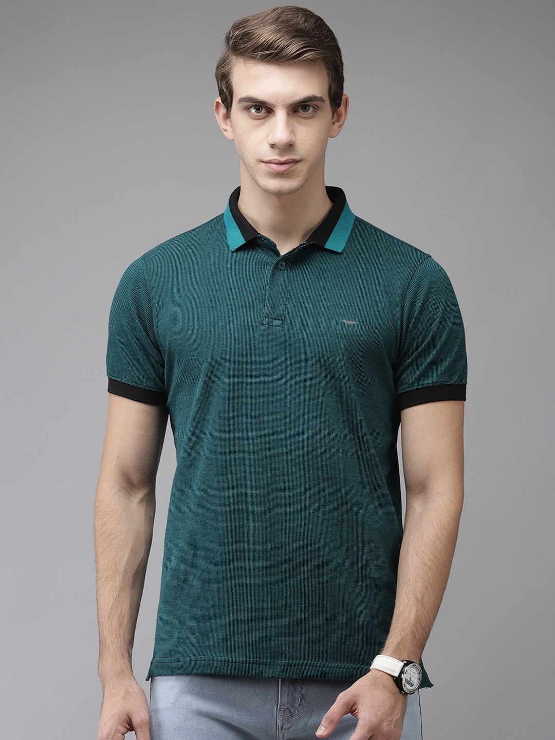 

Park Avenue Men Teal Green Solid Polo Collar T-shirt