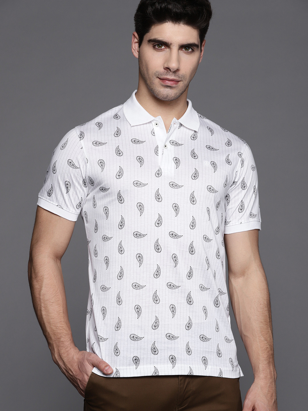 

Raymond Men White & Black Supima Cotton Modern Fit Paisley Print Polo Collar T-shirt