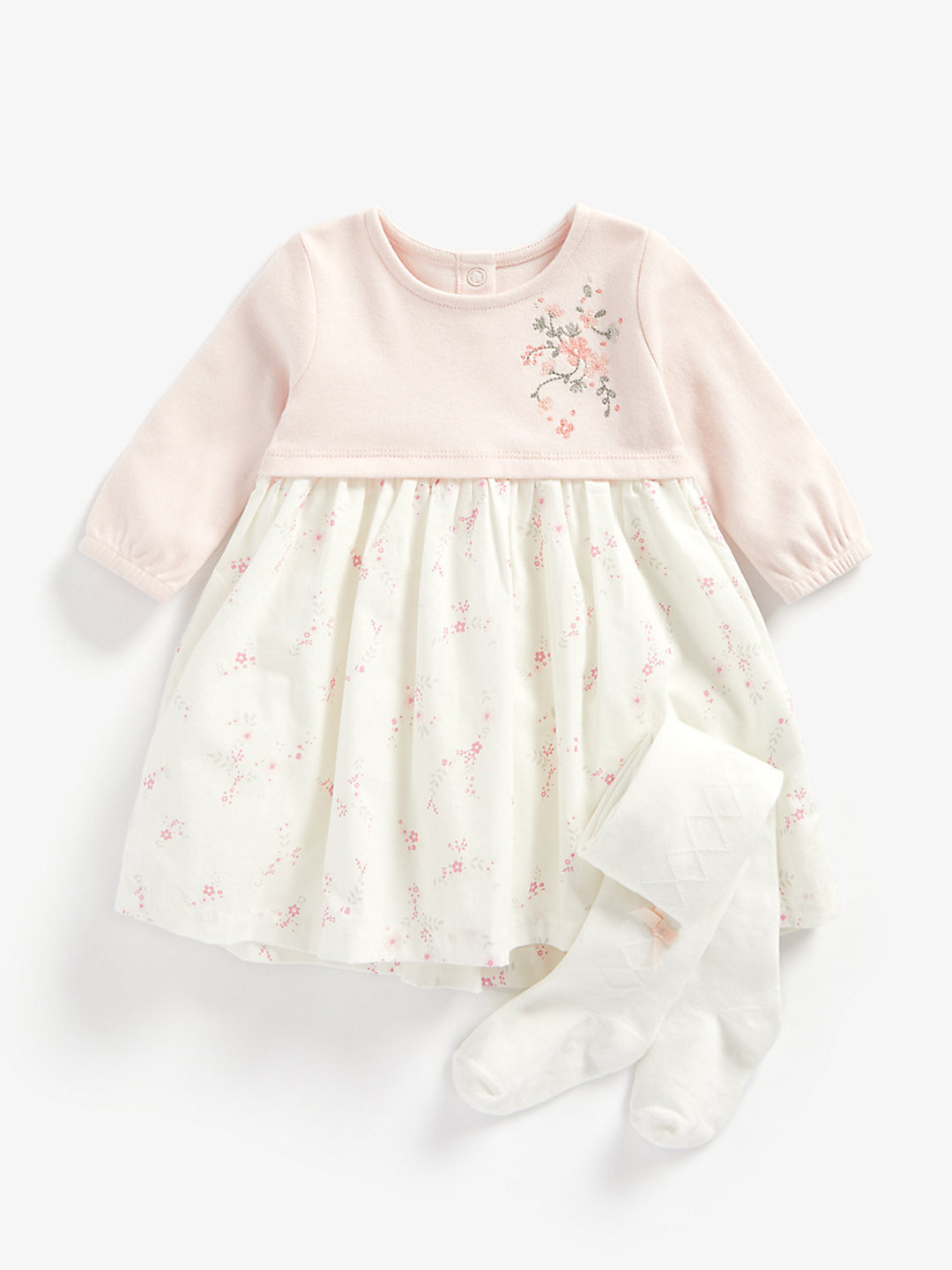 

mothercare Infant Girls Pink & Off White Floral Fit & Flare Dress with Stockings