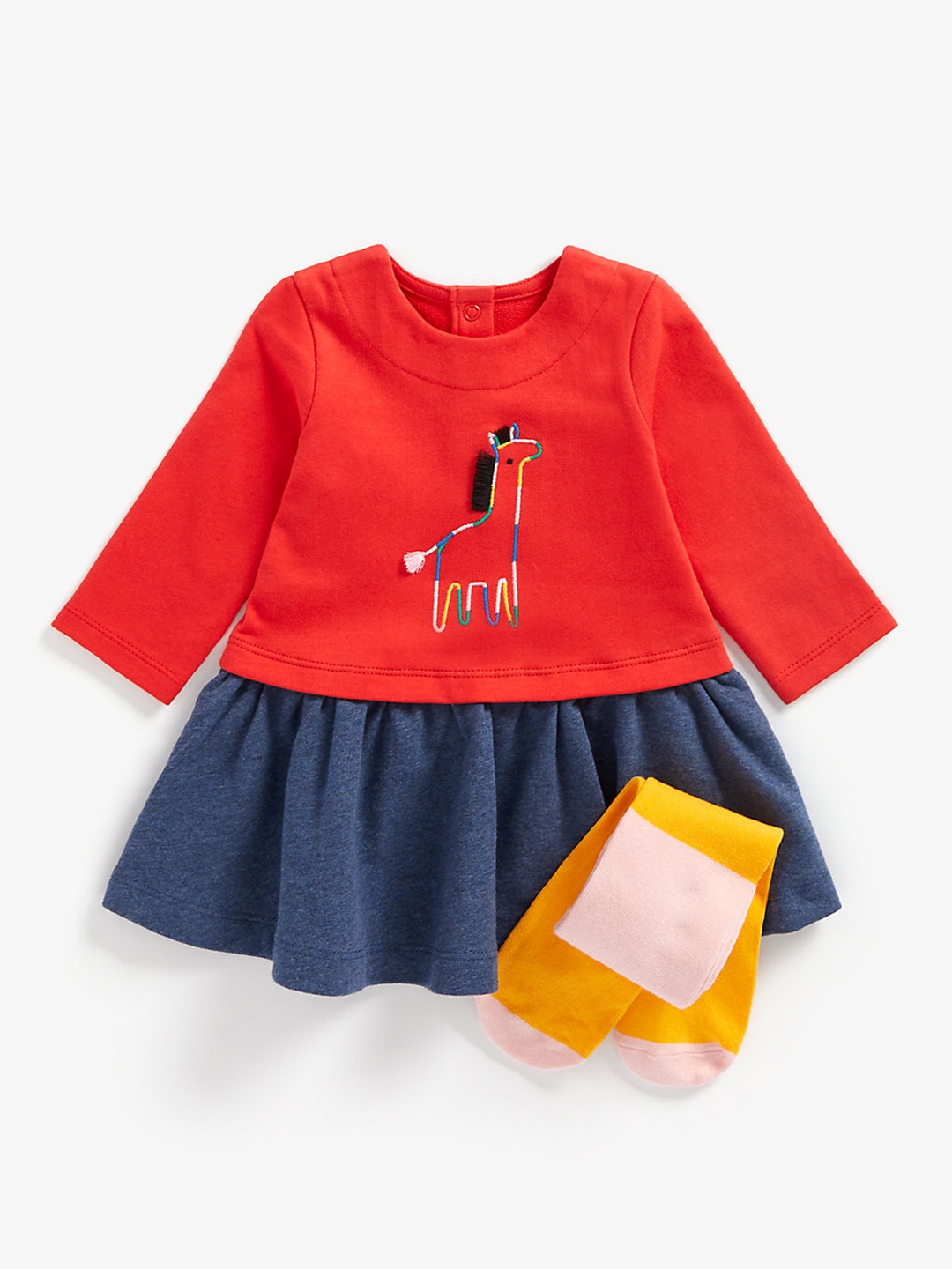 

mothercare Navy Blue & Red Colourblocked Fit & Flare Dress with Stockings