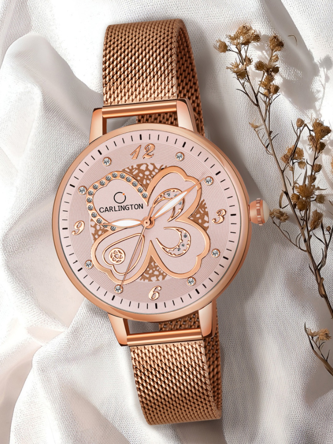 

CARLINGTON Women Pink Embellished Dial & Rose Gold Toned Stainless Steel Bracelet Style Straps Analogue Watch