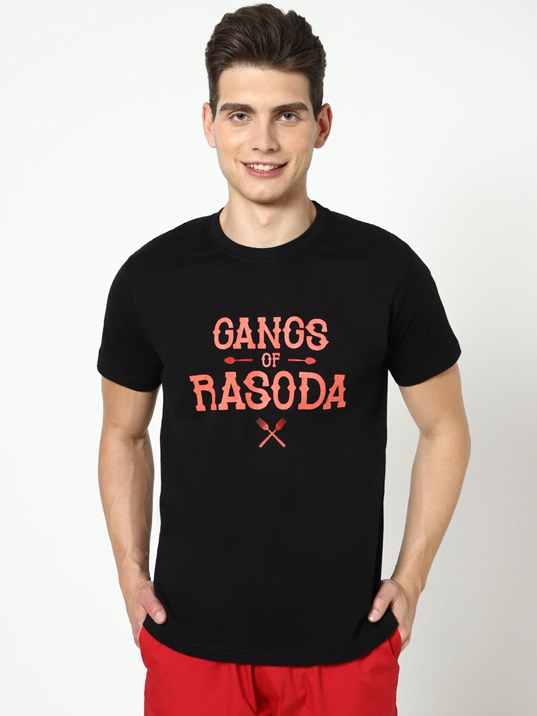

Bewakoof Men Black Typography Printed Monochrome Applique T-shirt