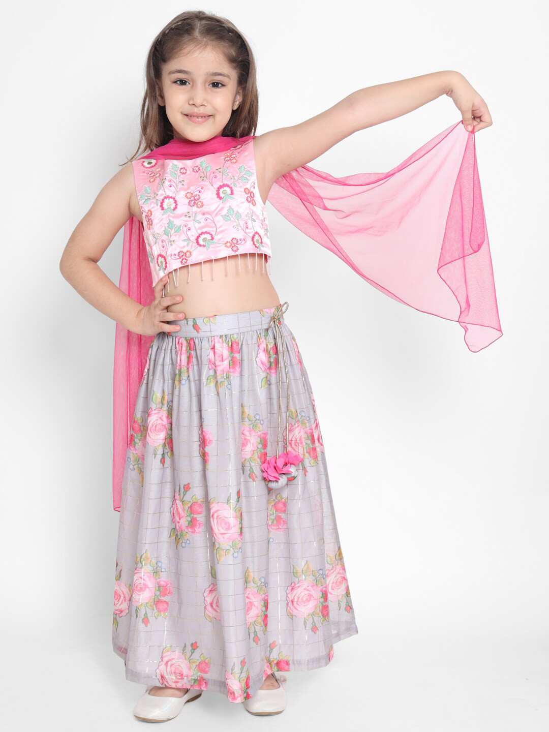 

Nauti Nati Girls Pink & Grey Colored Embroidered Lehenga Choli with Dupatta