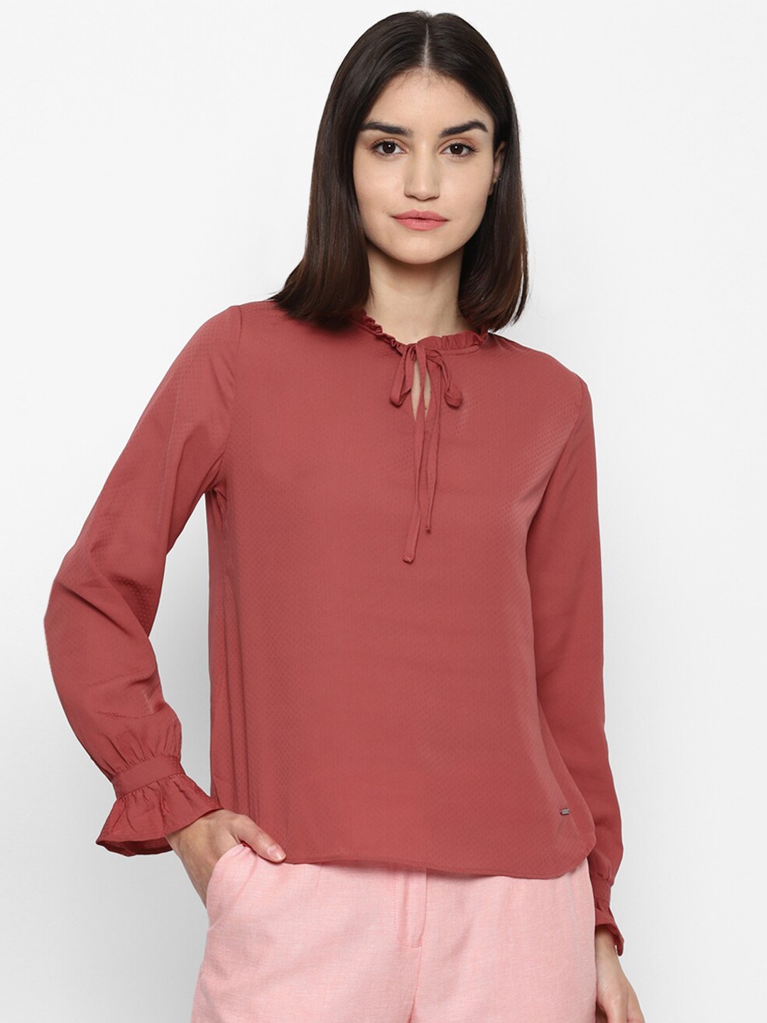 

Allen Solly Woman Maroon Tie-Up Neck Bishop Sleeves Regular Top