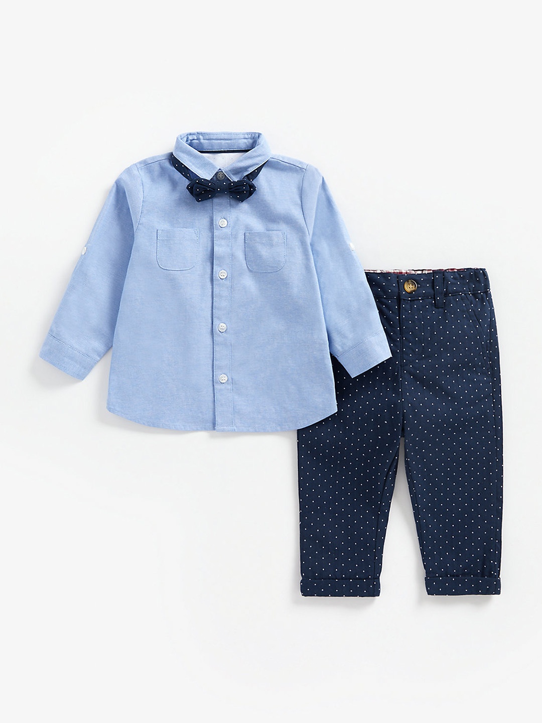 

mothercare Infant Boys Blue Solid Pure Cotton Shirt with Trousers & Bow Tie