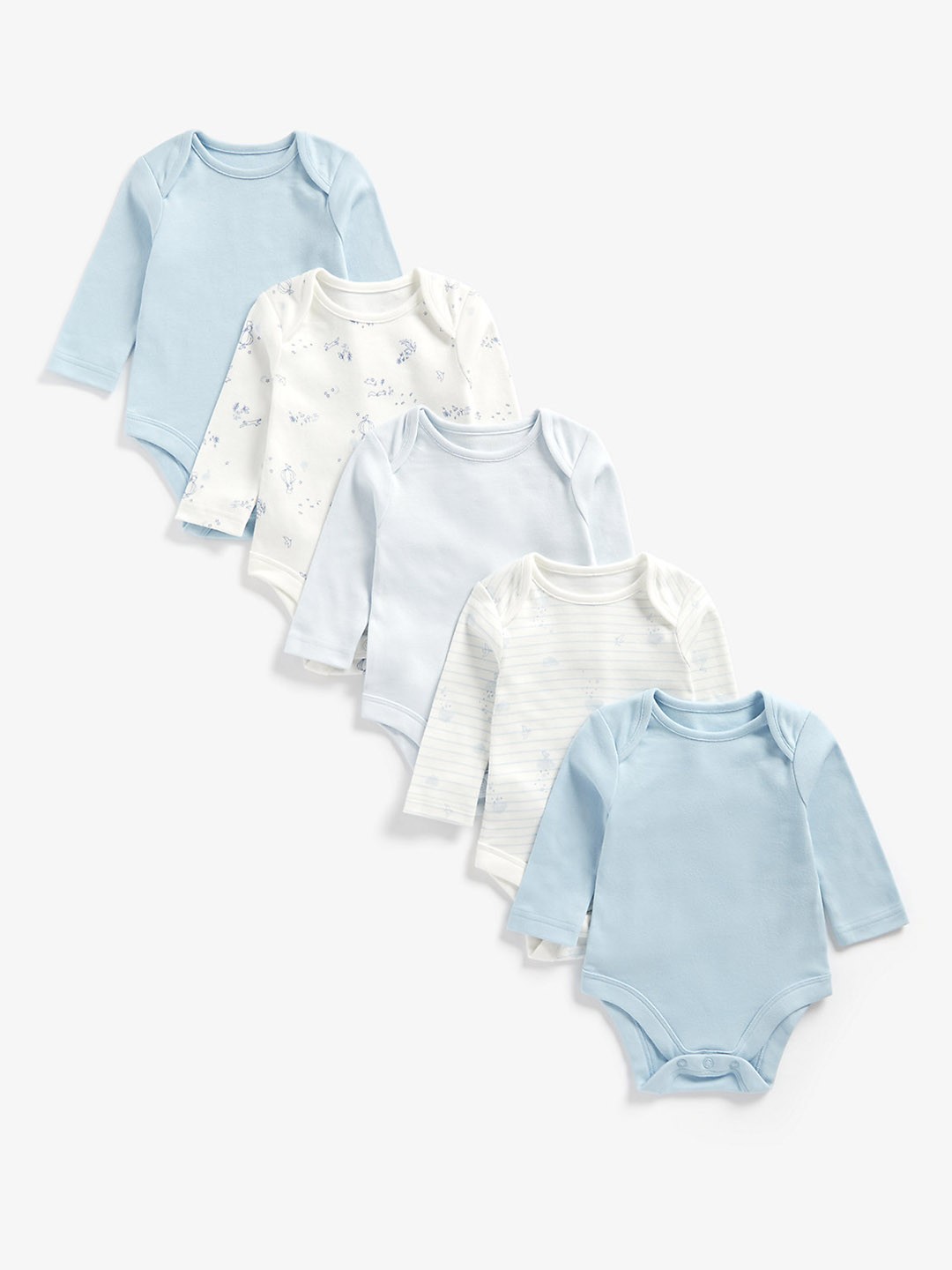 

mothercare Infant Boys Blue & White Printed & Striped Pack Of 5 Organic Cotton Bodysuits