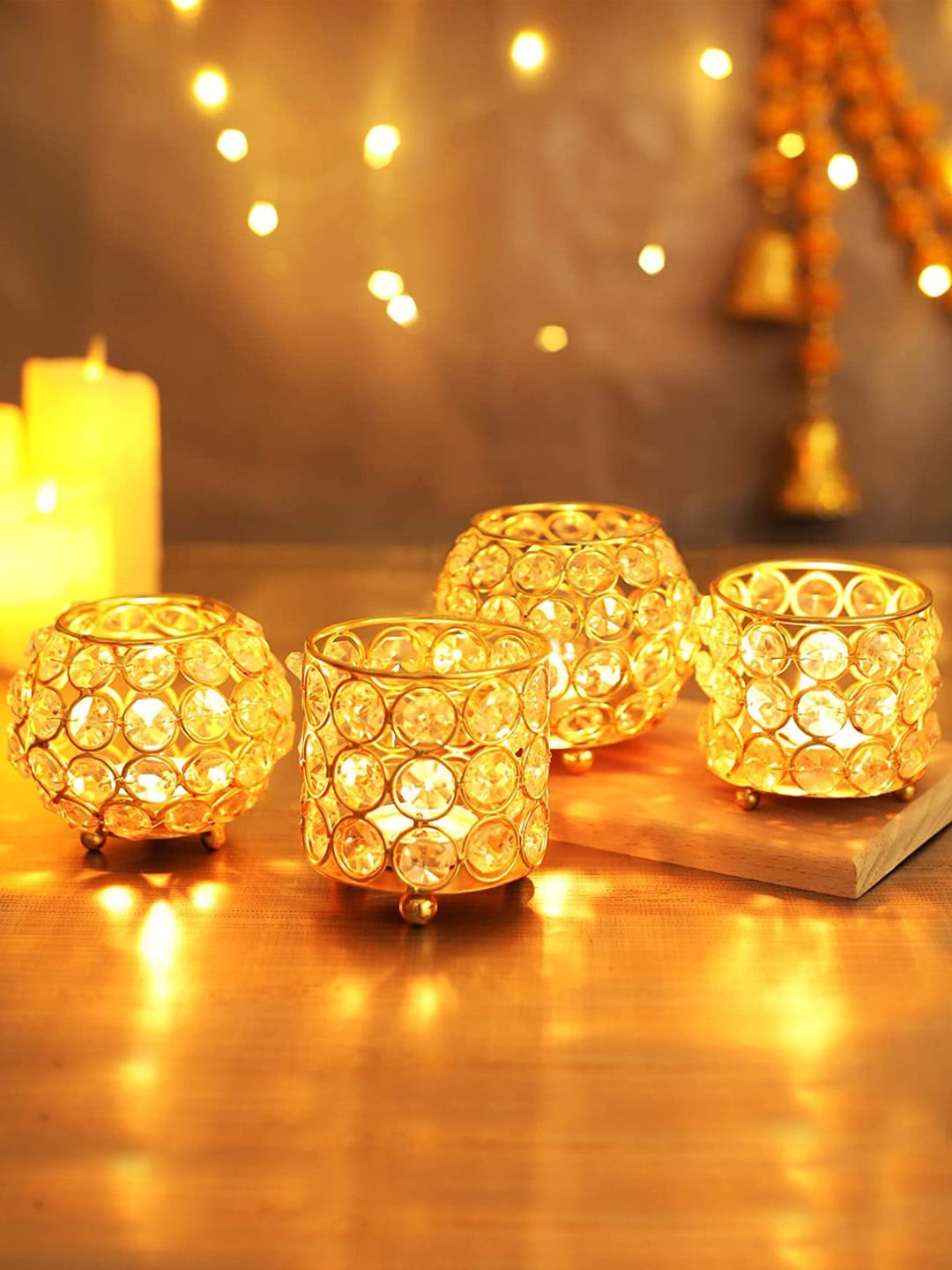 

TIED RIBBONS Set Of 4 Gold-Toned Crystal Tea Light Candle Holder