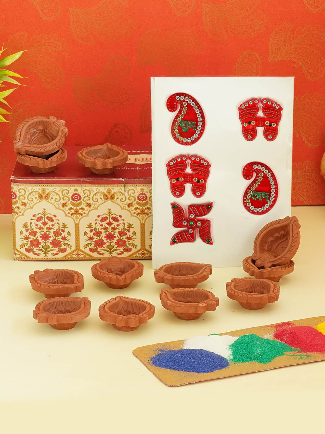 

TIED RIBBONS Terracotta Diya Set, Rangoli Colors and Stickers, Multi