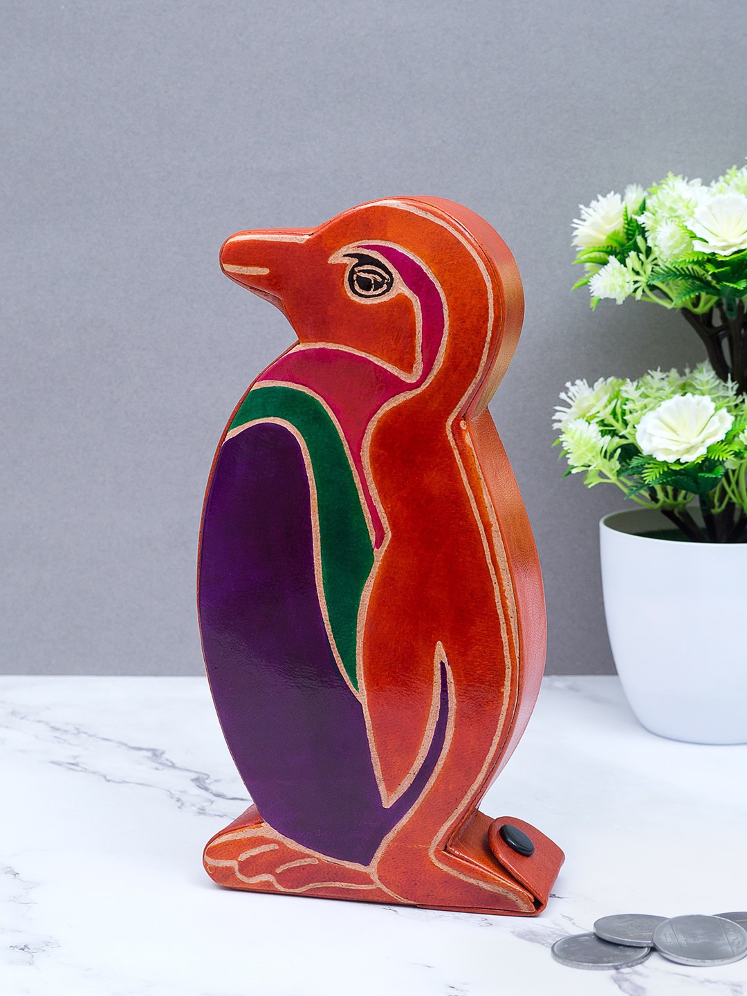 

Golden Peacock Red & Violet Coin Box Showpiece