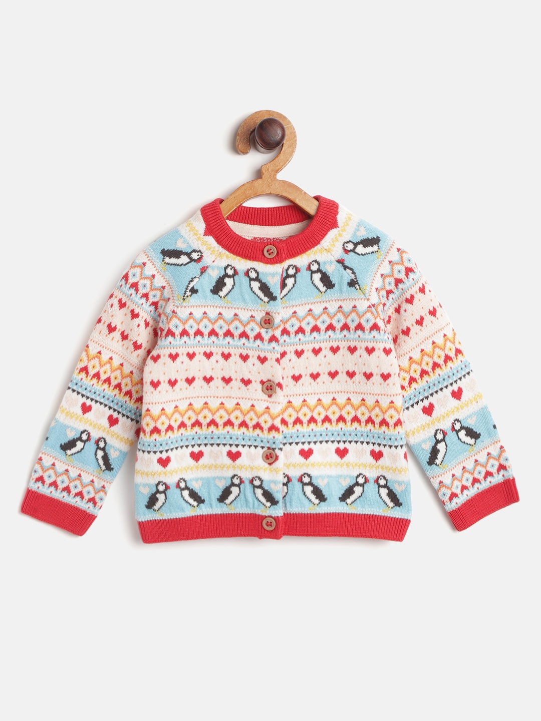

mothercare Girls Red & Peach-Coloured Pure Cotton Fair Isle Print Cardigan