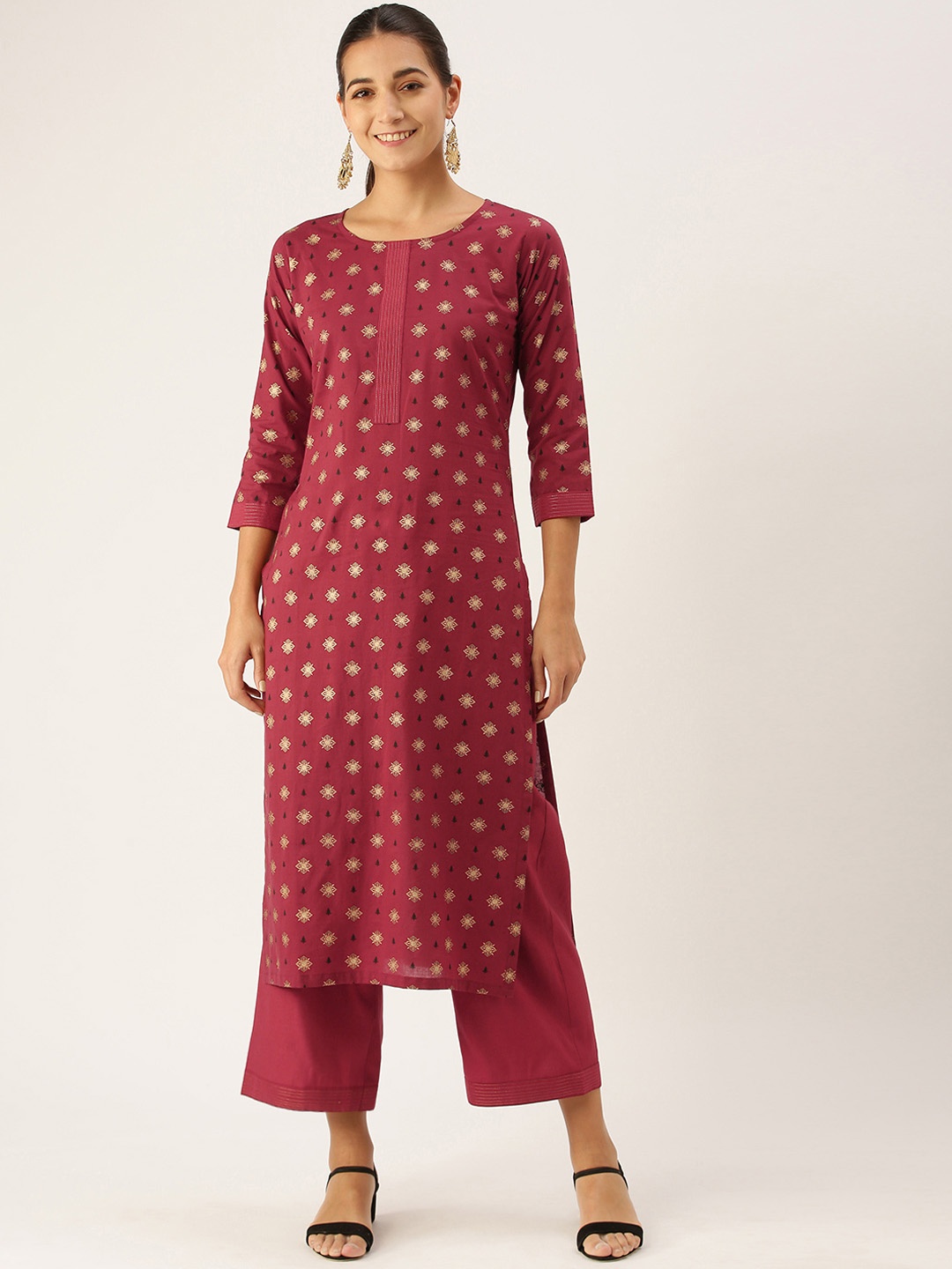 

Minora Women Maroon Floral Printed Regular Pure Cotton Kurta with Palazzos