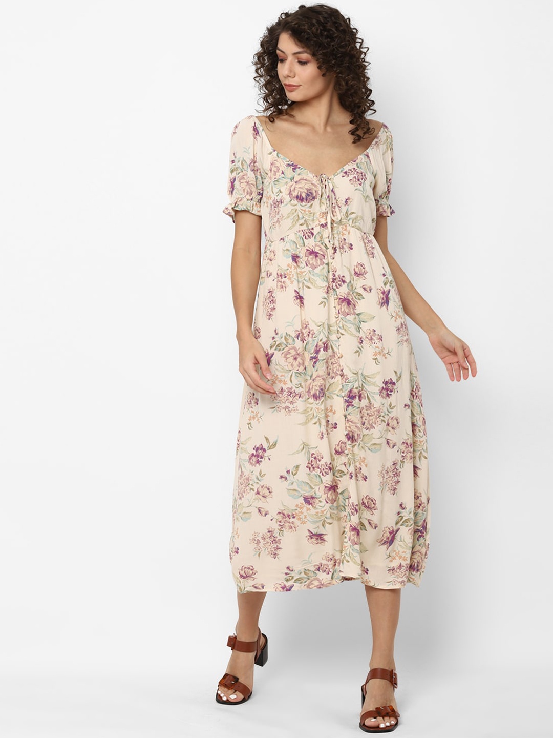 

AMERICAN EAGLE OUTFITTERS Cream-Coloured & Purple Floral A-Line Midi Dress
