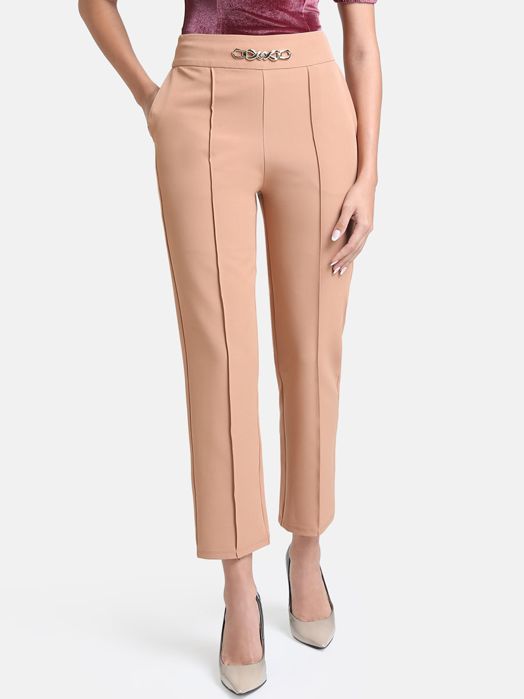 

Kazo Women Beige Pleated Formal Trousers