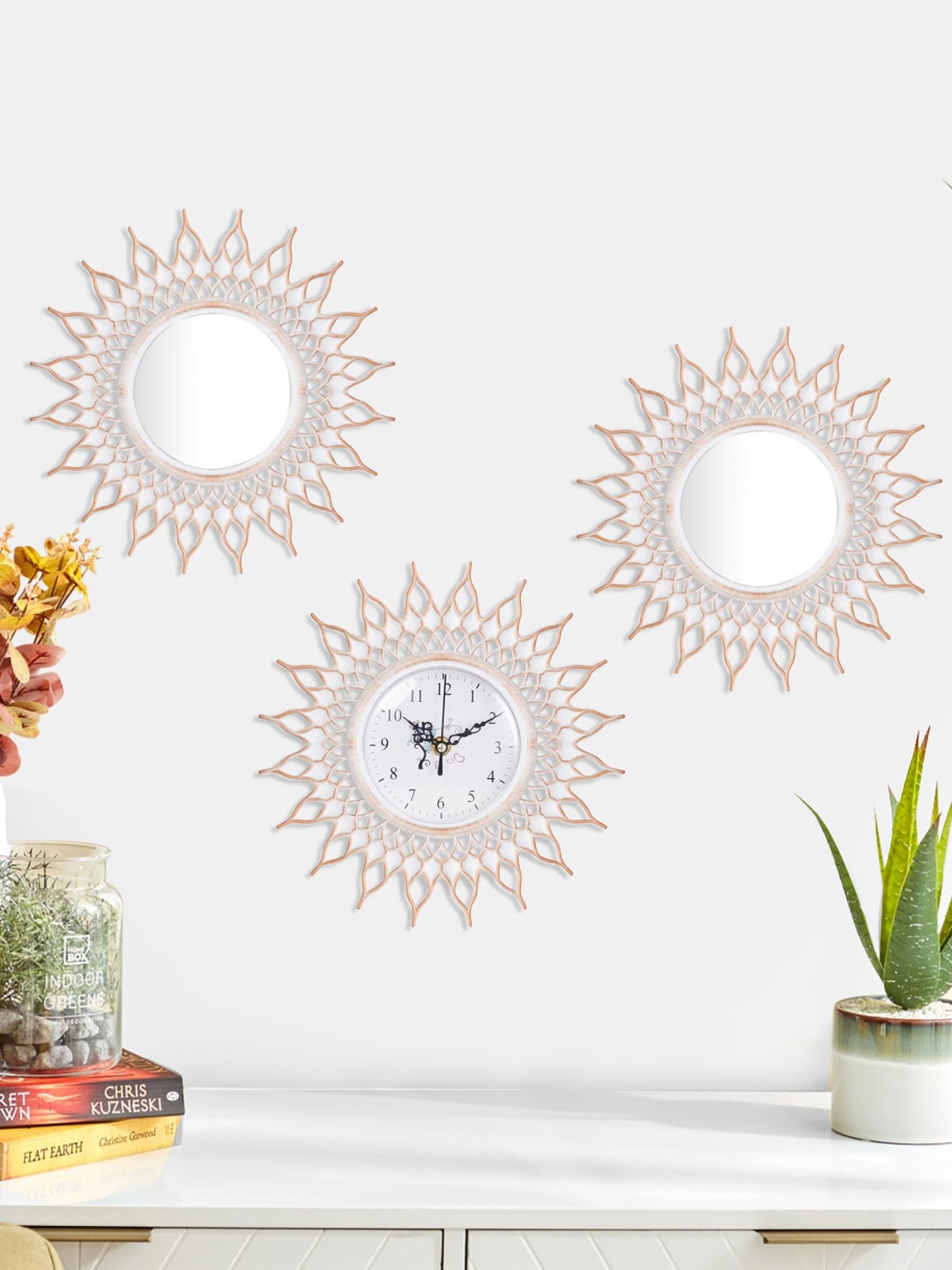 

Home Centre Set Of 3 White & Brown Mirrors And Clock