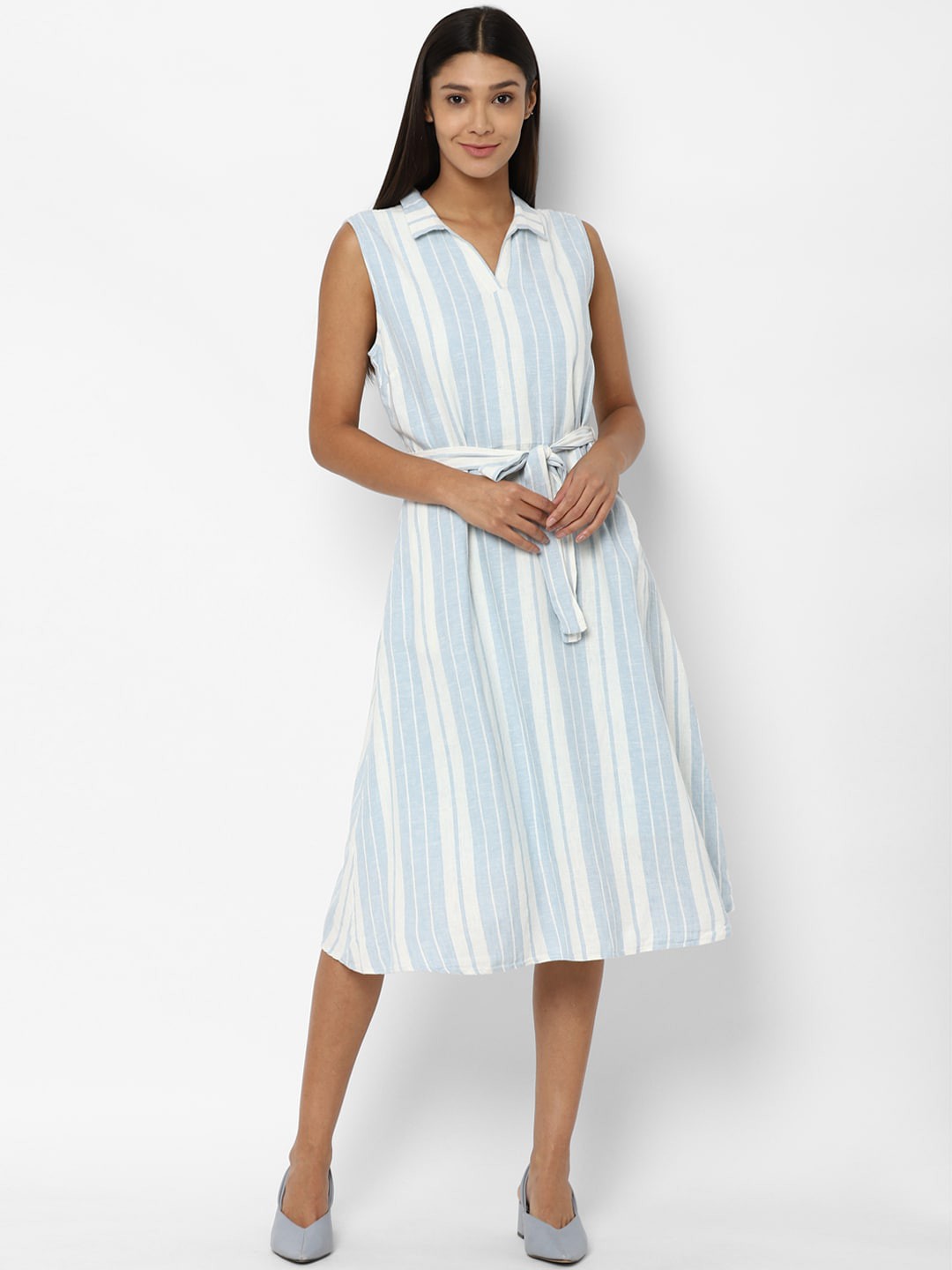 

Allen Solly Woman Blue & White Striped Linen Shirt Midi Dress
