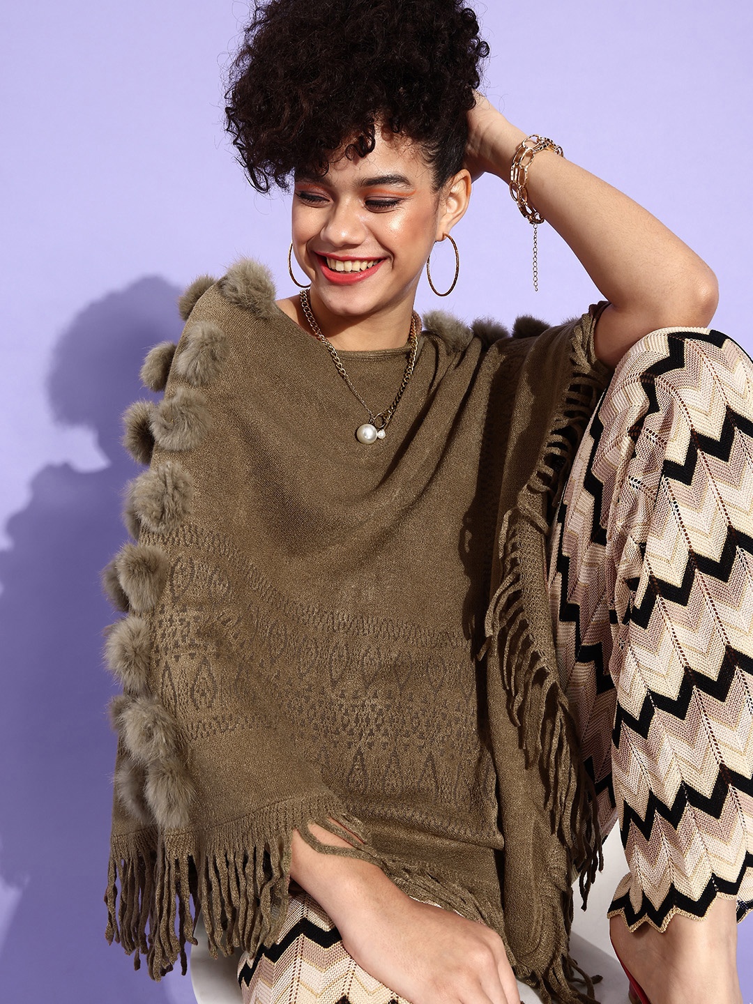 

InWeave Women Camel Brown Cable Knit Poncho Sweater