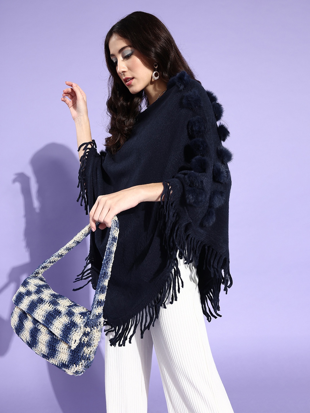 

InWeave Women Deep Navy Blue Solid Poncho Sweater