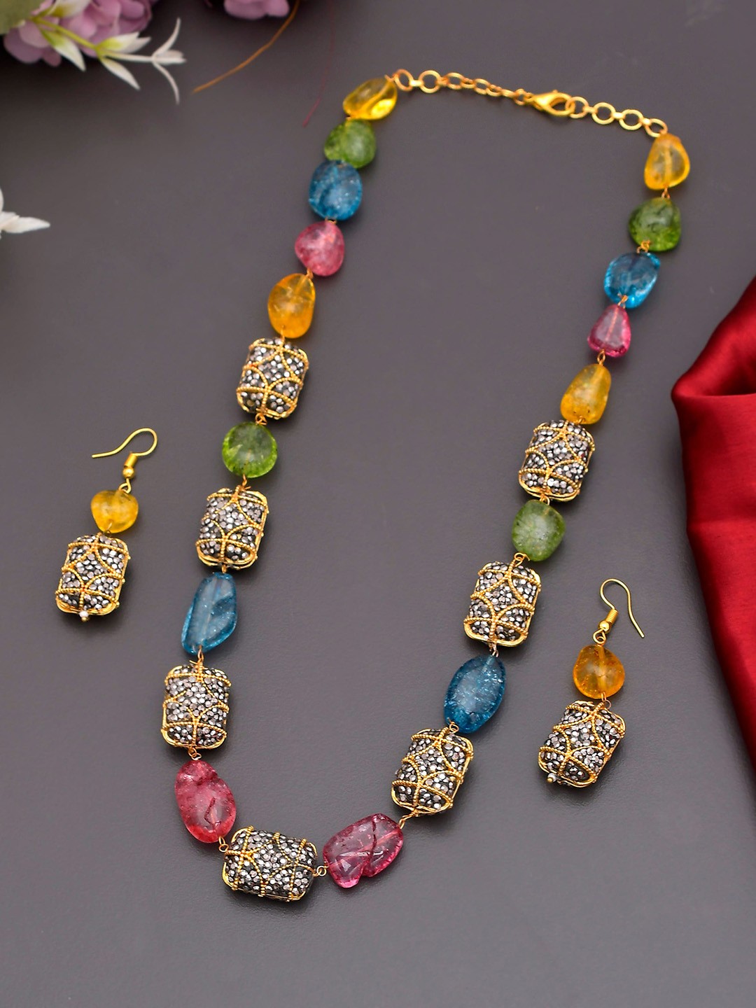 

Shoshaa Gold-Plated Blue & Pink Stone-Studded & Beaded Handcrafted Jewellery Set