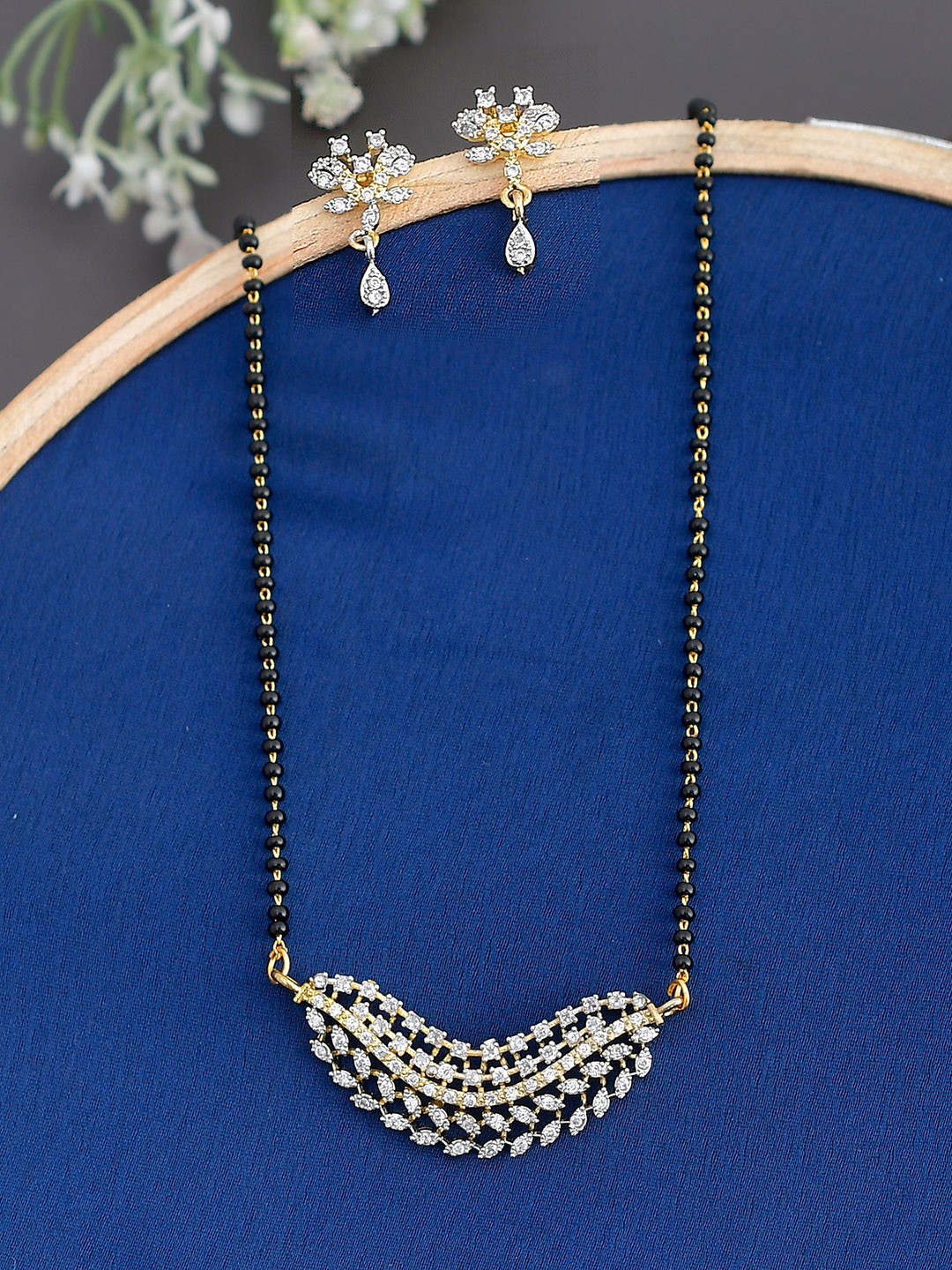 

Shoshaa Gold-Plated & Black CZ-Studded & Beaded Magalsutra With Earrings