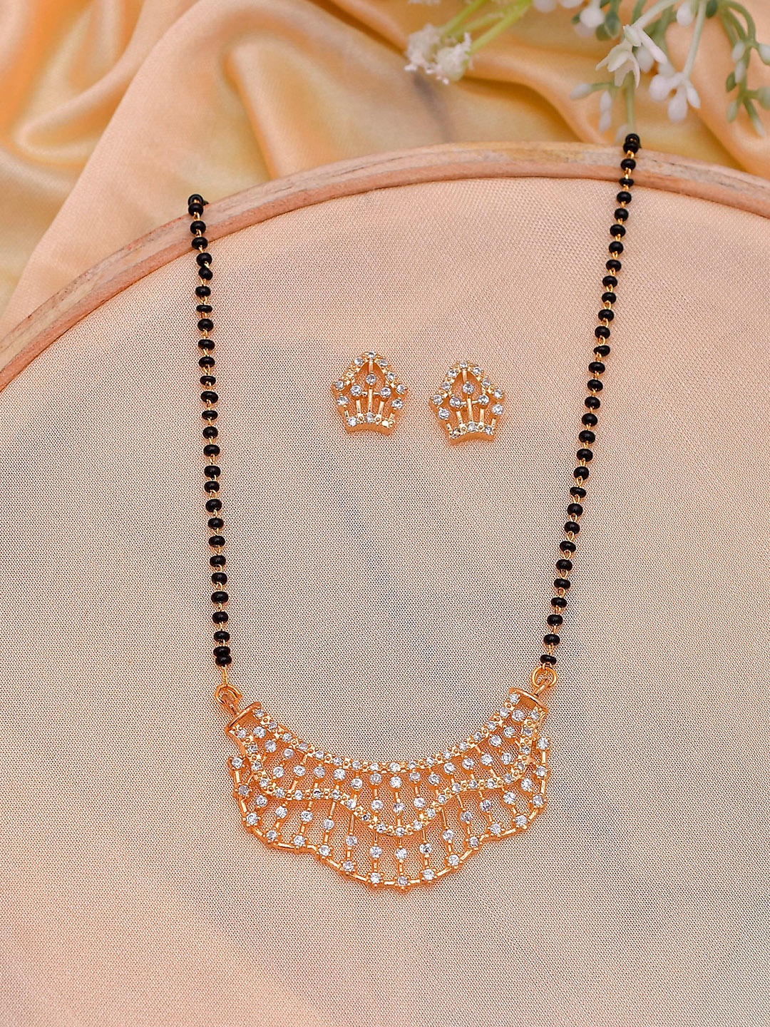 

Shoshaa Gold-Plated & Black CZ Studded & Beaded Mangalsutra