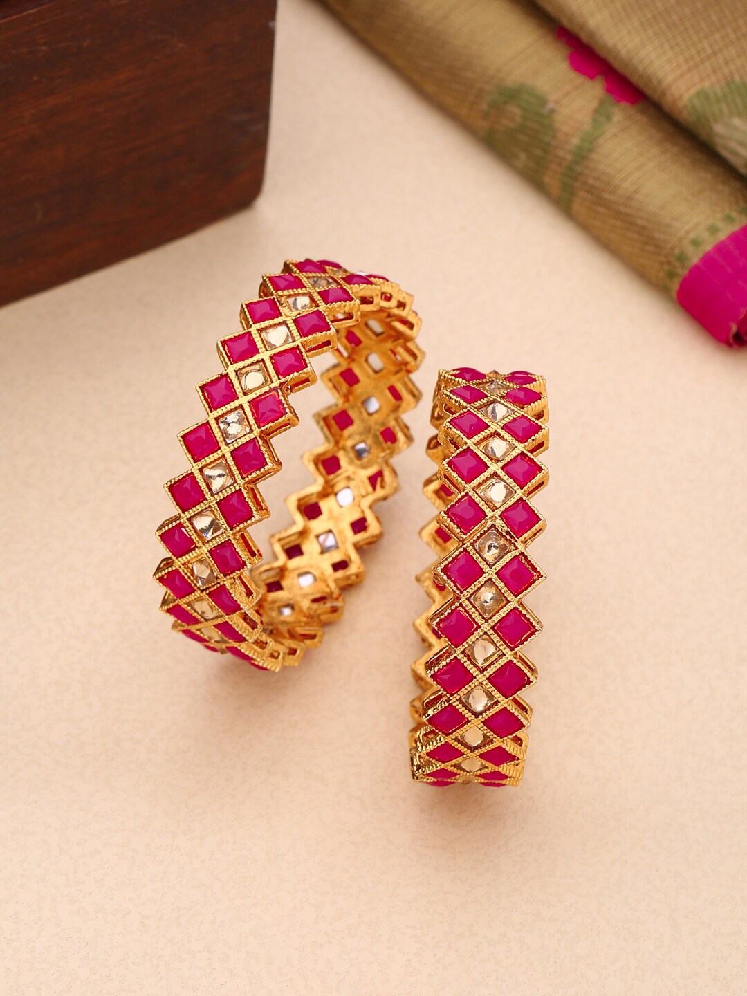 

Shoshaa Magenta & White Gold-Plated Stone-Studded Handcrafted Bangles