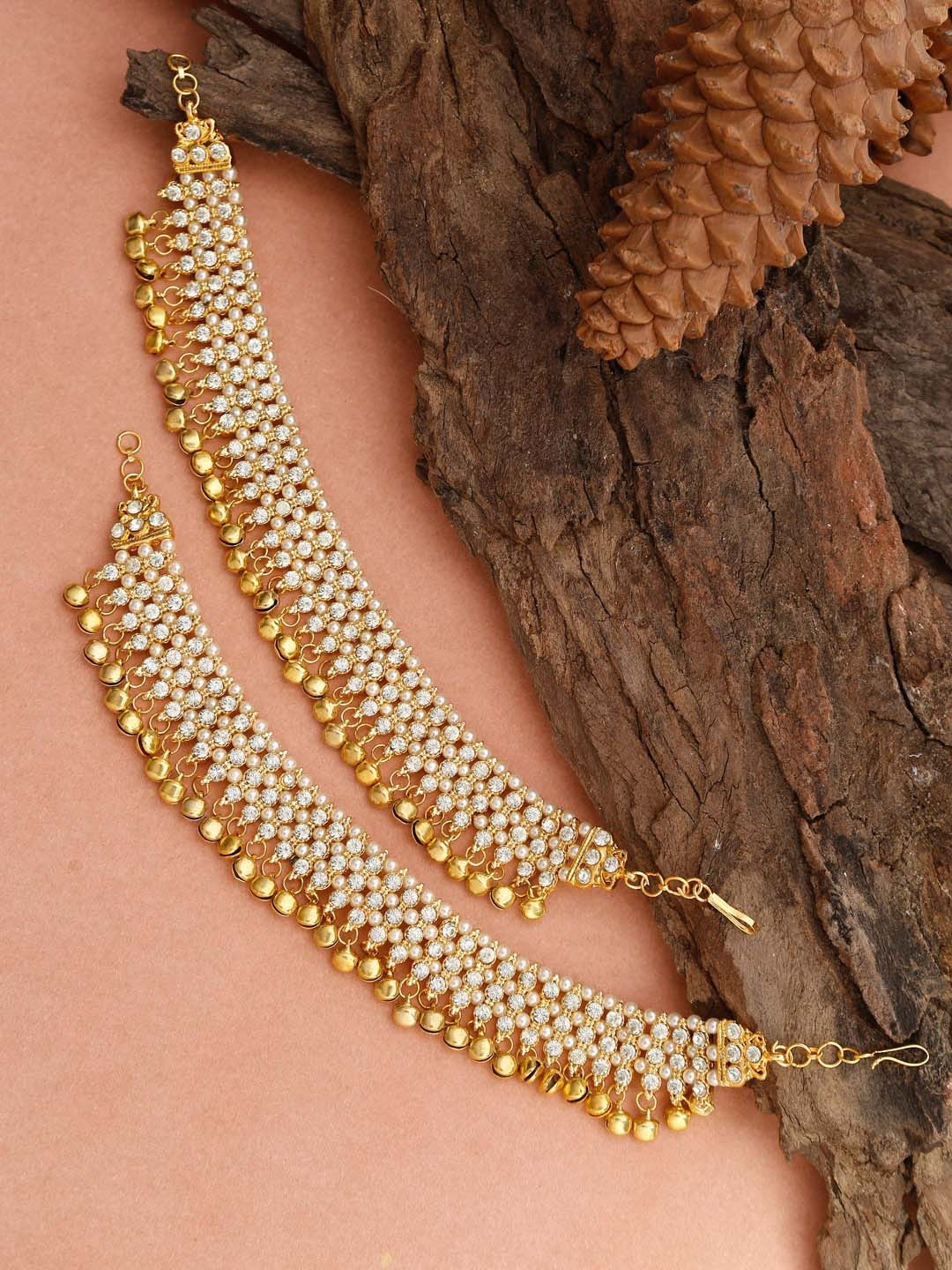 

Ruby Raang Women Gold & White Ghungroo Anklets