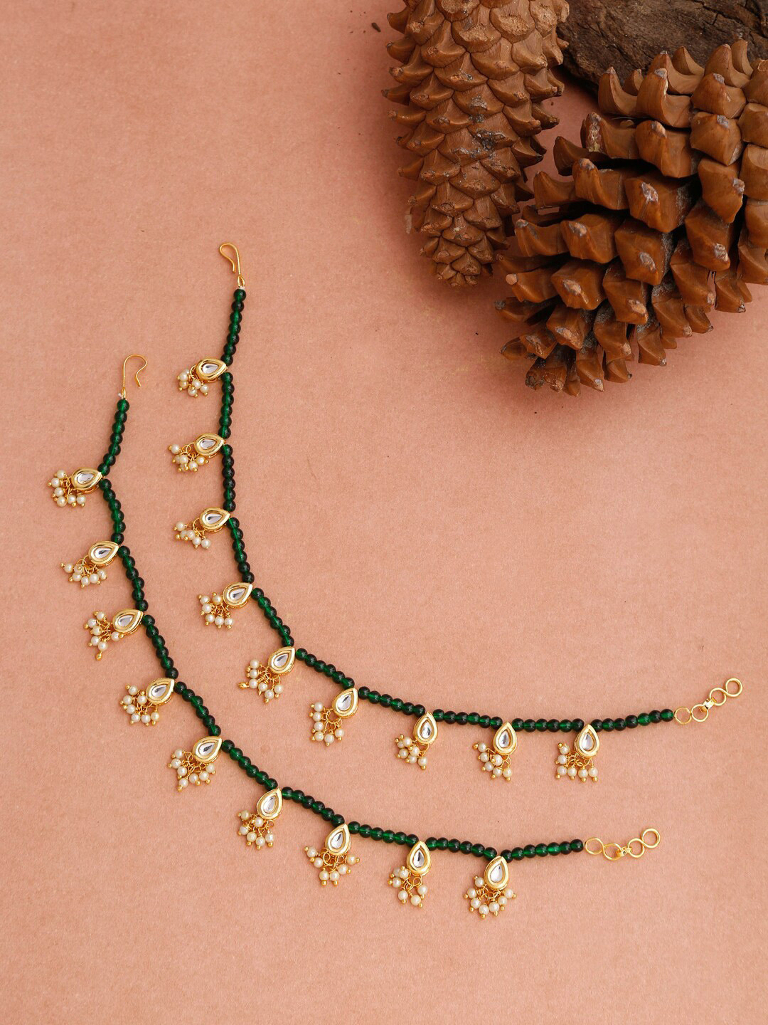 

Ruby Raang Set Of 2 Women Green Gold-Plated Anklets