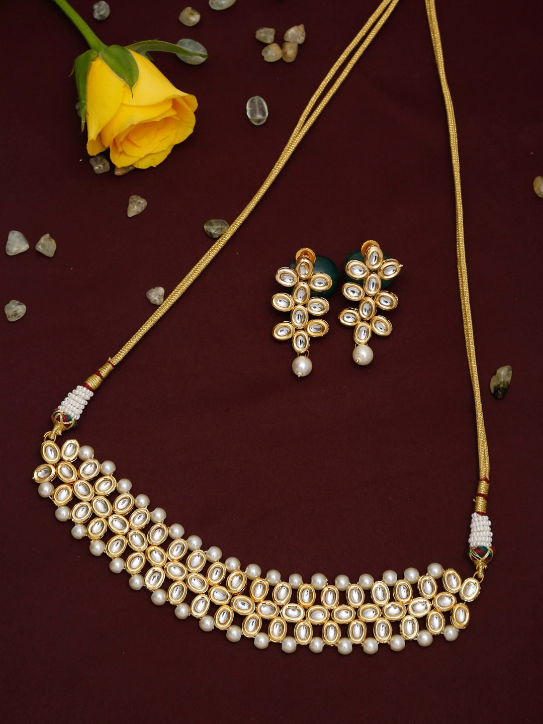 

Ruby Raang Gold-Plated & White Kundan-Studded & Pearls Beaded Handcrafted Jewellery Set