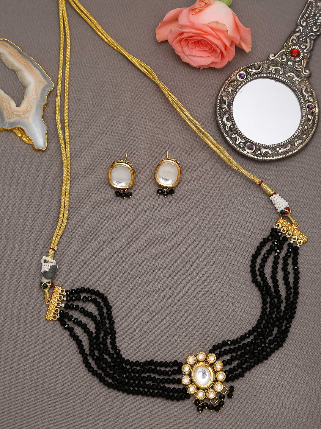 

Ruby Raang Gold-Plated White & Black Kundan-Studded Beaded Handcrafted Jewellery Set