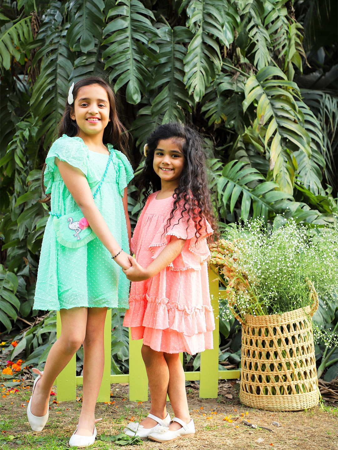 

Lil Drama Girls Green Self Design Square Neck Fit & Flare Dress