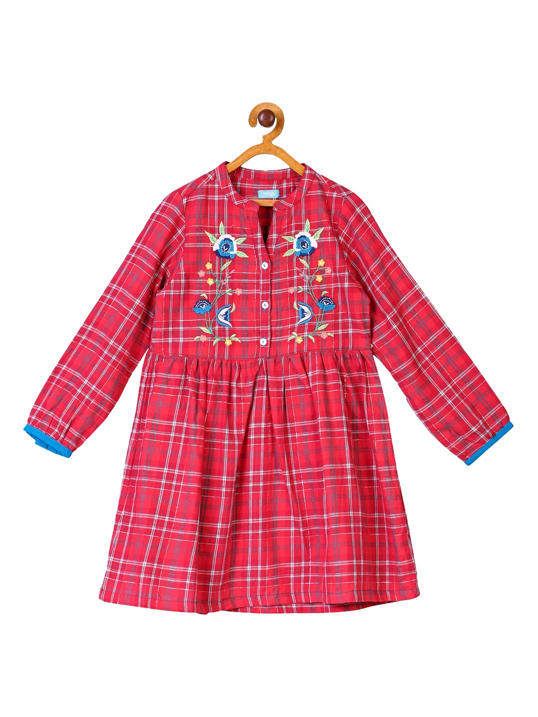 

Miyo Red & White Checked A-Line Dress with Embroidered Detail